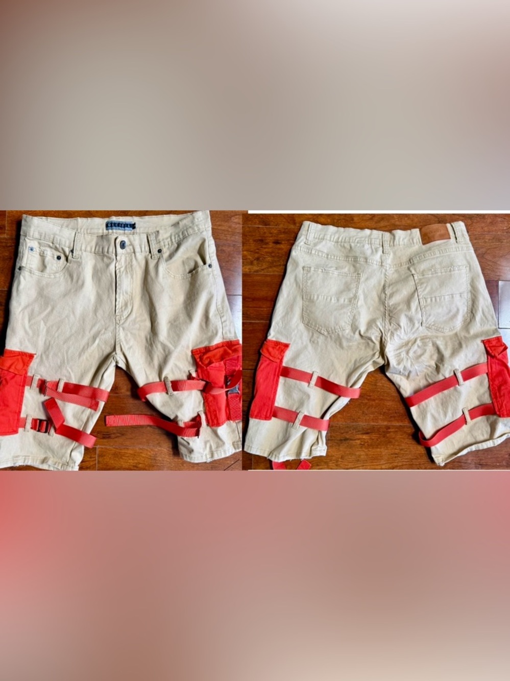 VINTAGE 90’s DECIBEL CARGO SHORTS W/ORANGE STRAPS/POCKETS MENS 38W